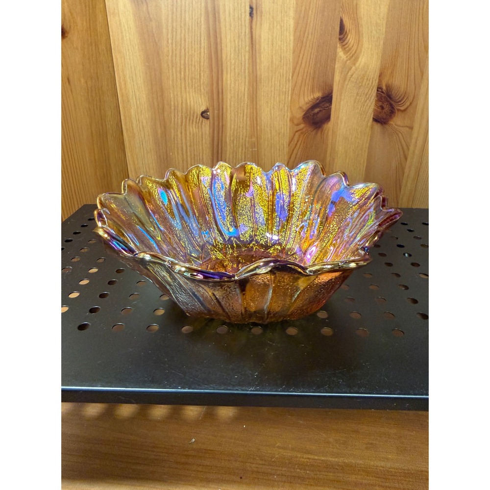 Vintage Amber Carnival Glass Ruffled Bowl Scalloped Floral 7"